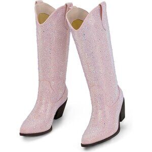 ⚡Women’s Pink Rhinestone Cowboy Boots Mid Calf Pointed Toe Block Heel